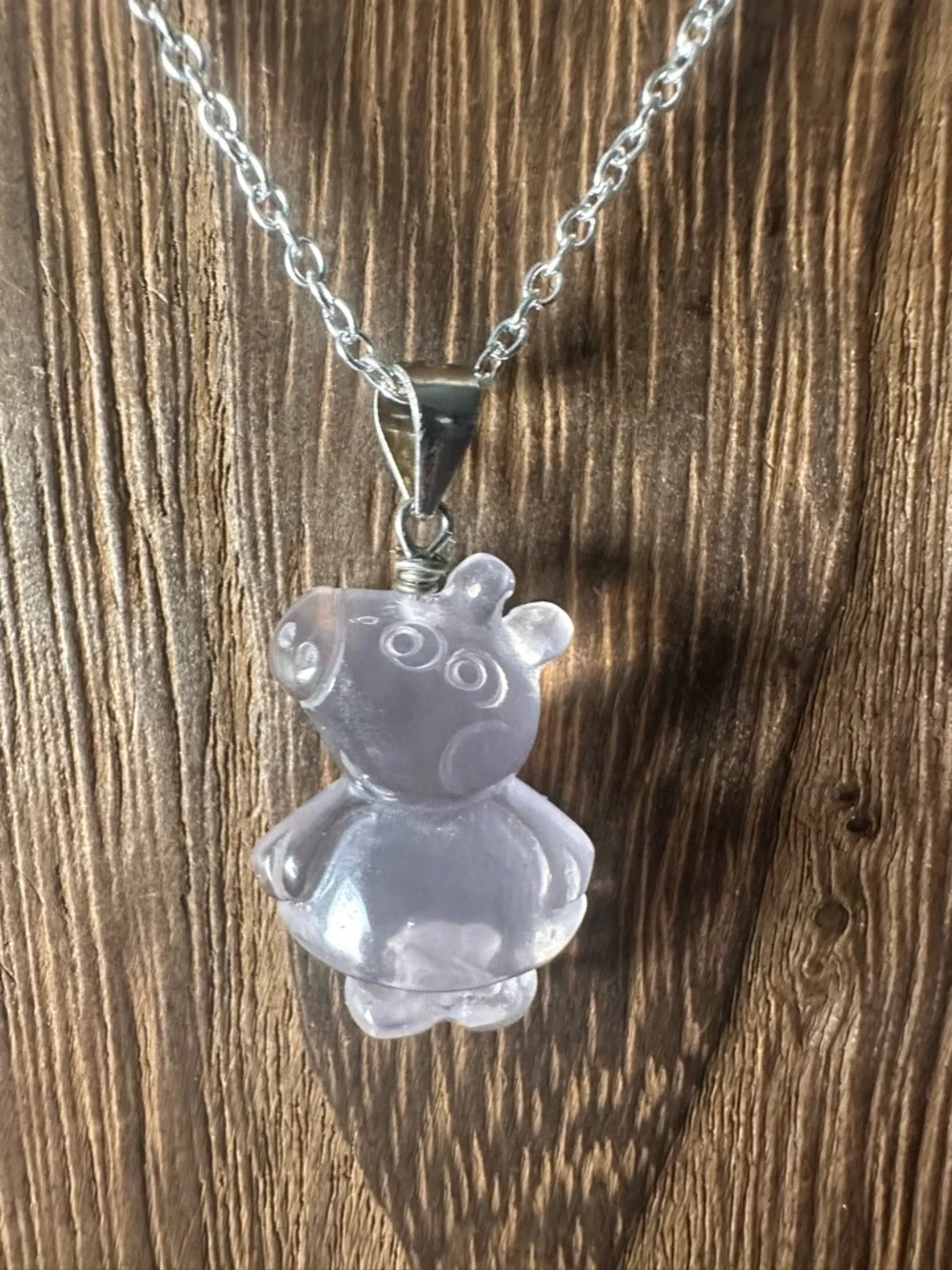 Light Pink Rose Quartz Peppa Pig Pendant Necklace, Sterling Silver Bail - Picture 1 of 10